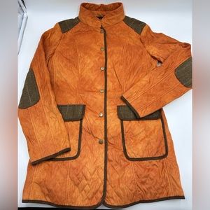 Tasha Polizzi orange distressed Jacket elbow patch detail leopard print lining